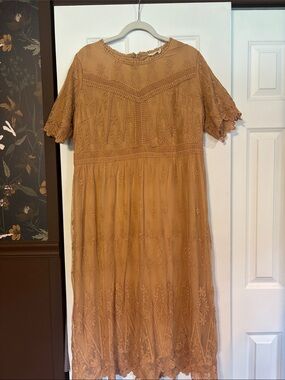 Roolee Pom-Trim Embroidered Dress in Camel